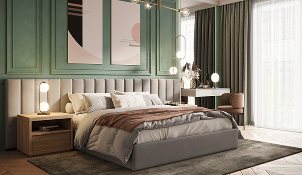 Computer graphic of a vintage apartment with art