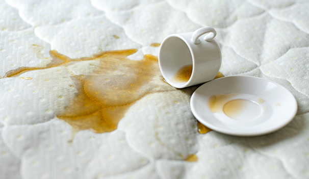 Spilled cup of tea on the bed. Accidentally dropped cup with saucer on white bedsheet. Unlucky, unfortunate breakfast. Wet spot.